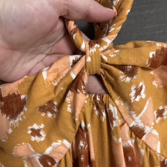 Aerie Dress M Yellow Brown Sleeveless Halter Boho Ruffle Tier Summer Beach Midi - Picture 3 of 14